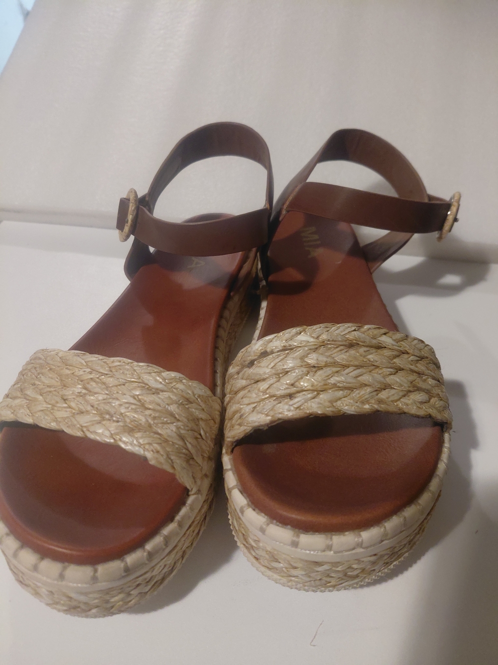 MIA Brown Leather and Natural Braided Espadrille Sandals